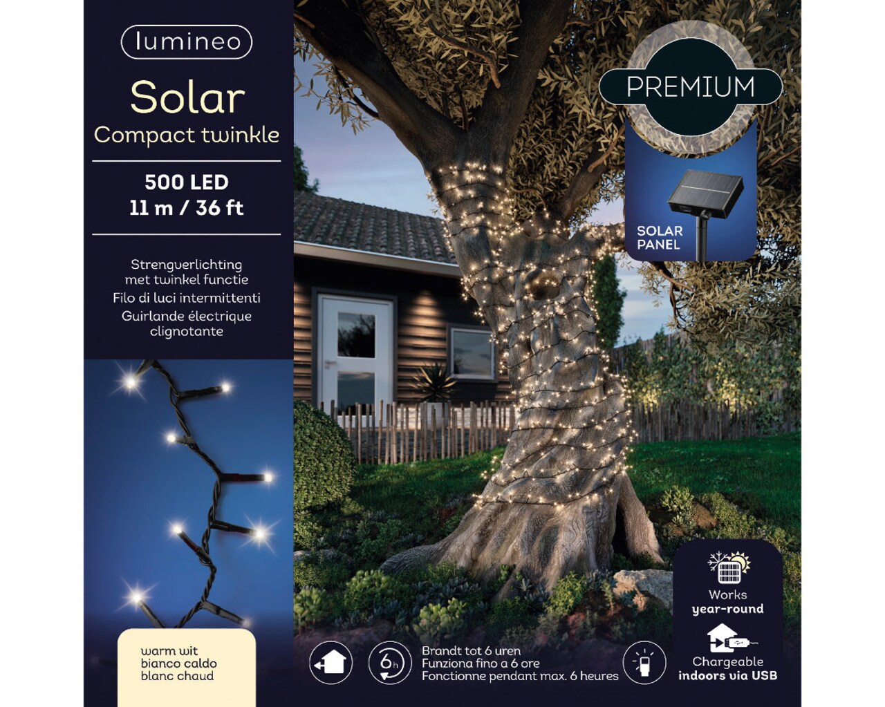 Solar String Lights - 500 LED - 8 function Twinkle - Warm White - 36 Feet Long